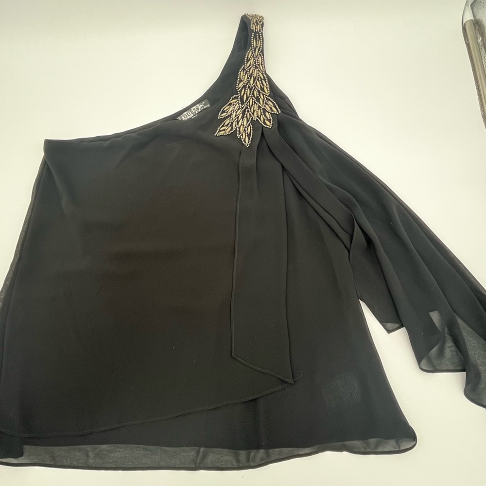 Guess Black one shoulder asymmetric blouse, cream Gold Beading, flowy, boho Med